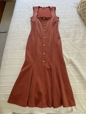 Zara Sleeveless Midi Dress in Burnt Orange with Gold Buttons